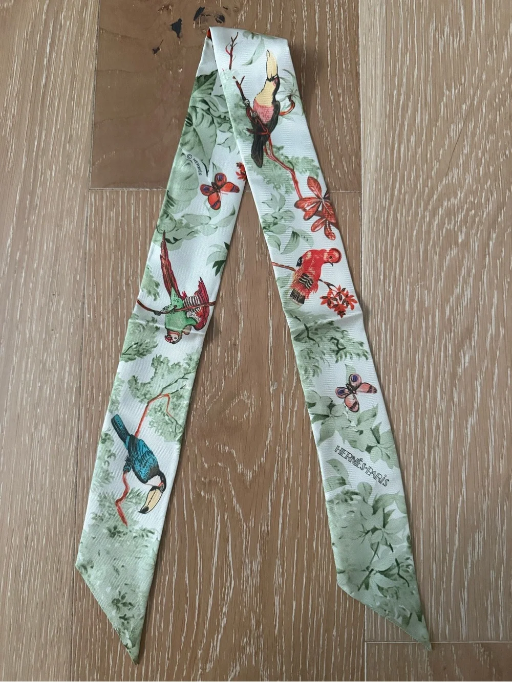 Hermes 100% silk scarf  Silk Equateur Twilly Creme Vert Multicolore